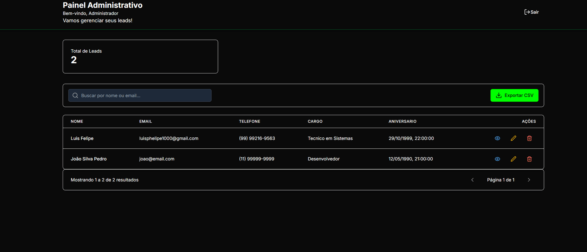 Screenshot do teste técnico Lead Management System - Logik
